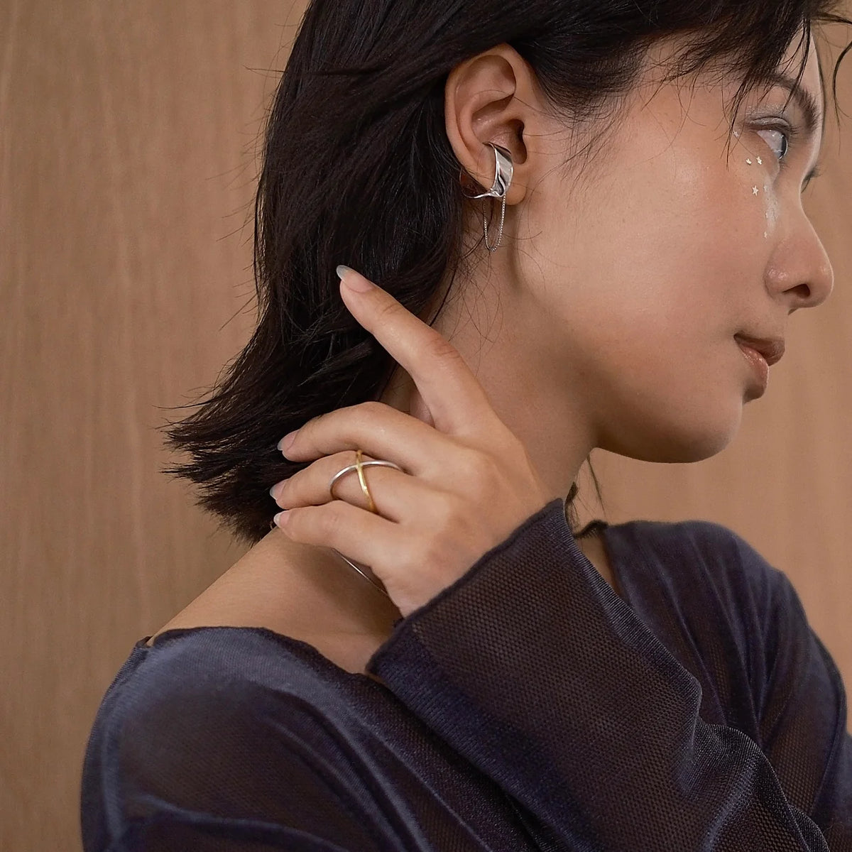 Silver Galaxy Twist Chain Ring / Earcuff
