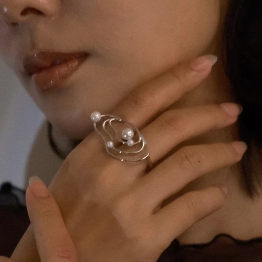 Silver Nebula Flow Pearl Ring