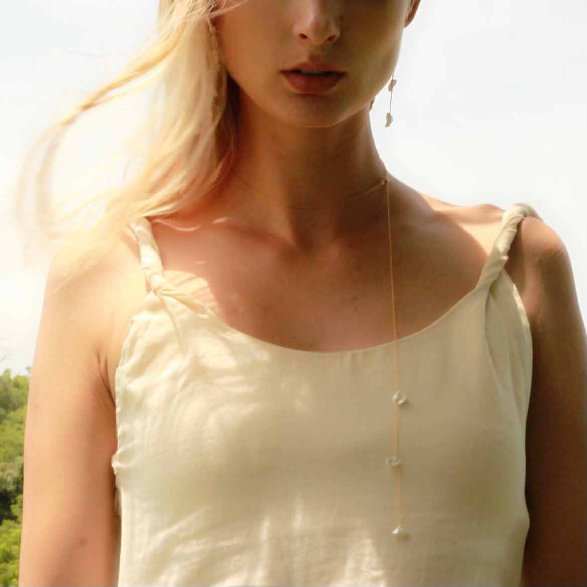 Golden Drifting Petal Keshi Necklace / Backlace Necklace - Keshi Pearl -