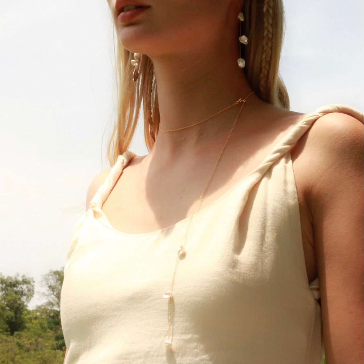 Golden Drifting Petal Keshi Necklace / Backlace Necklace - Keshi Pearl -