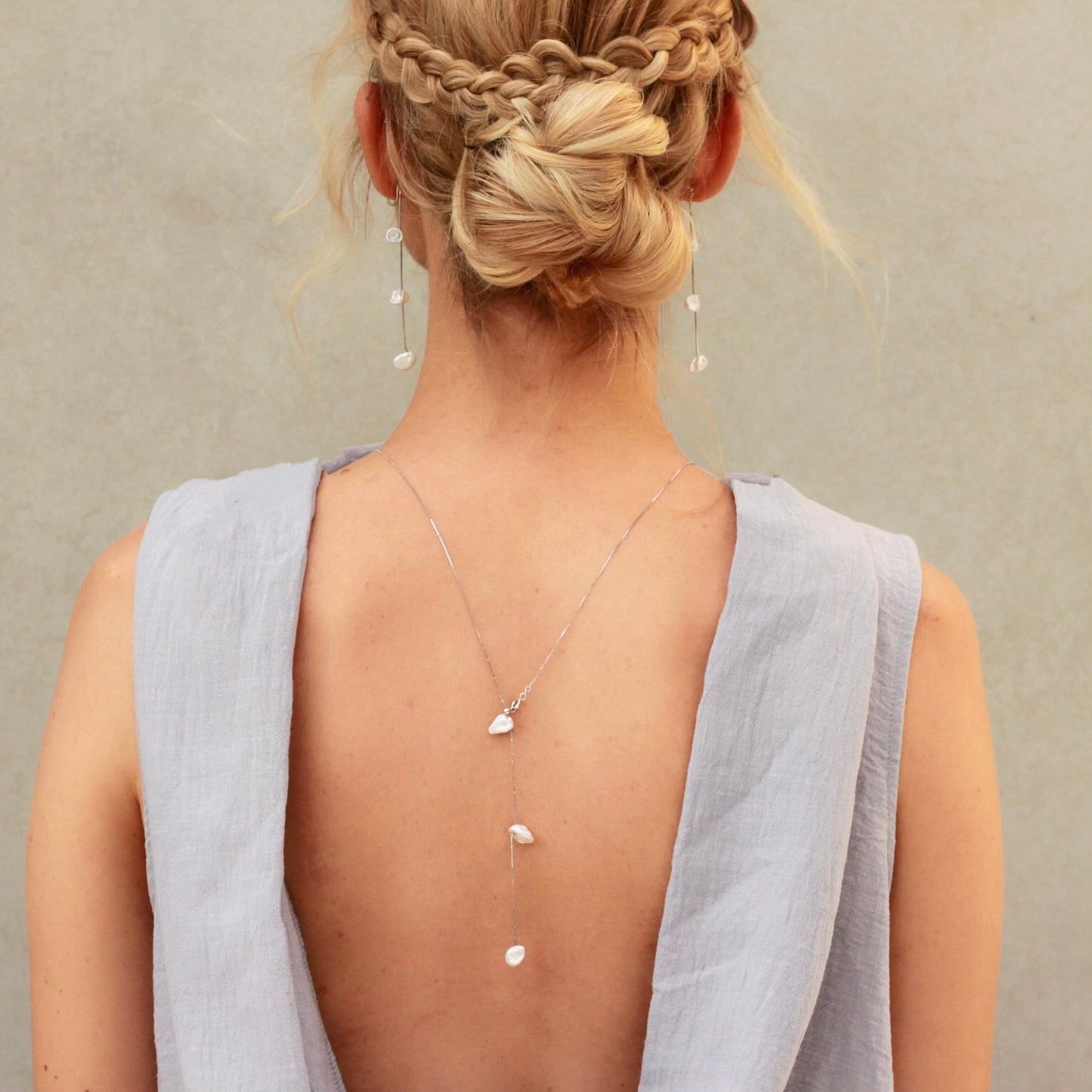 Silver Drifting Petal Keshi Necklace / Backlace Necklace - Keshi Pearl -
