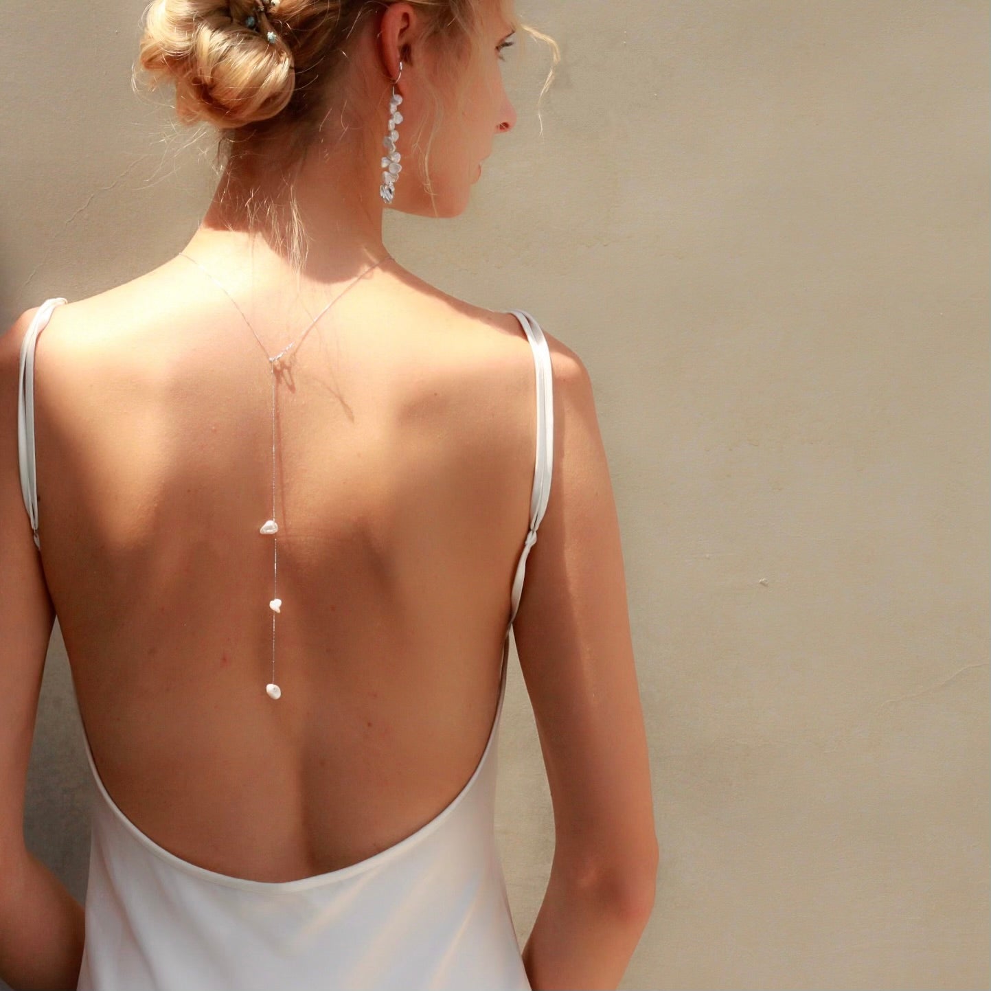 Silver Drifting Petal Keshi Necklace / Backlace Necklace - Keshi Pearl -