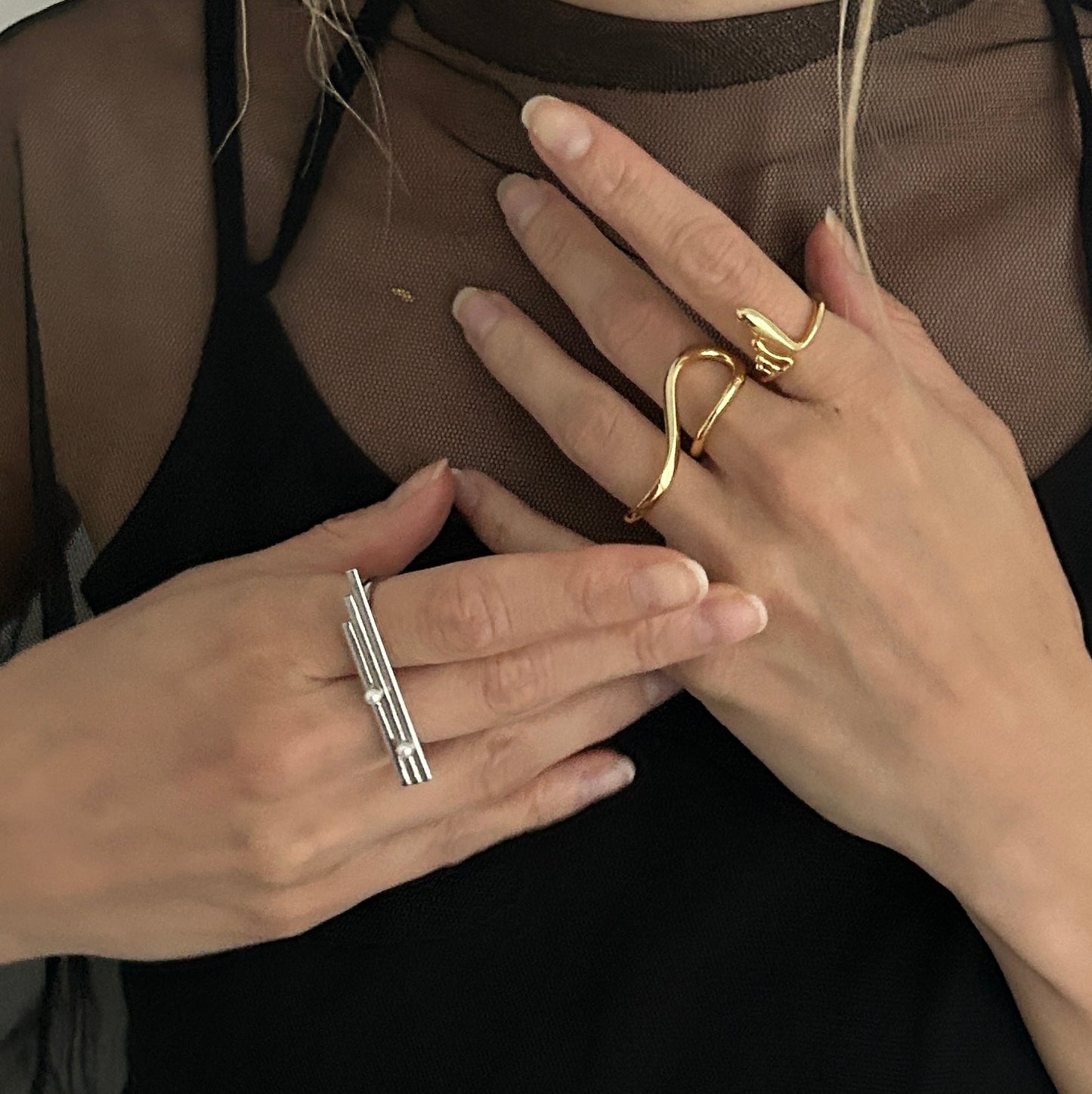 Silver The urban waterfall Ring / Earcuff